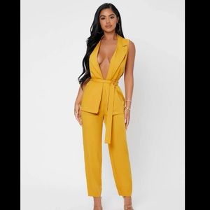 Solid Lapel Neck Belted Blazer & Pants Set